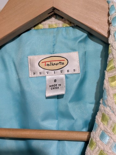 Talbots Jacket Blazer Silk Blend Blue Lime Green Ribbon Tweed Plaid Petite 6 - Picture 7 of 13