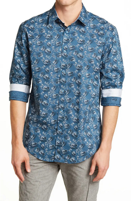 Рубашка с длинным рукавом в цветочек от QUIETI APPAREL стоимостью 115 долларов США из хлопка темно-синего цвета [L]