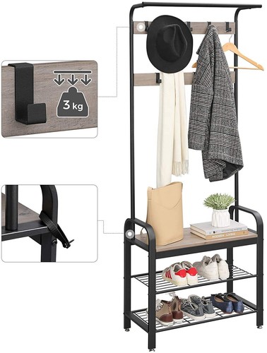 Greige and Black Steel Freestanding Coat Rack Stand with Removable Hooks, Bench - Picture 4 of 7