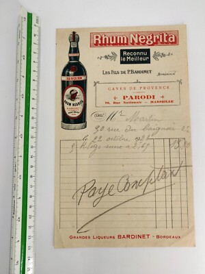 1921 RHUM NEGRITA cellars PARODI Marseille BARDINET Bordeaux invoice