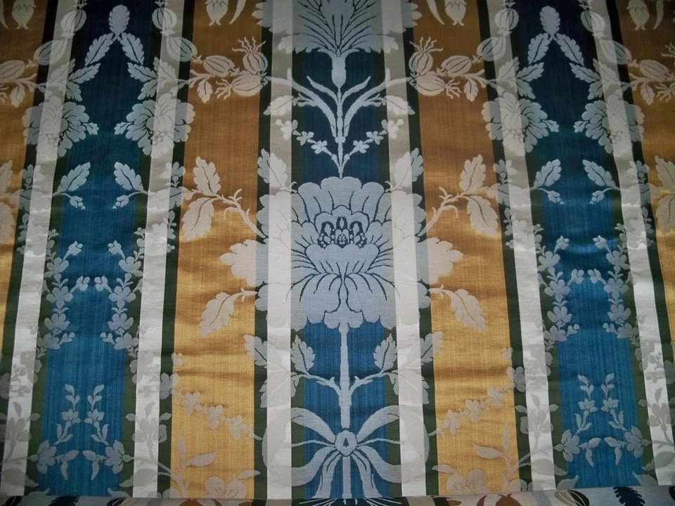 CLARENCE HOUSE LOTUS STRIPES SILK ANJOU DAMASK FABRIC 10 YARDS BLUE GOLD MULTI - Image 3 of 4