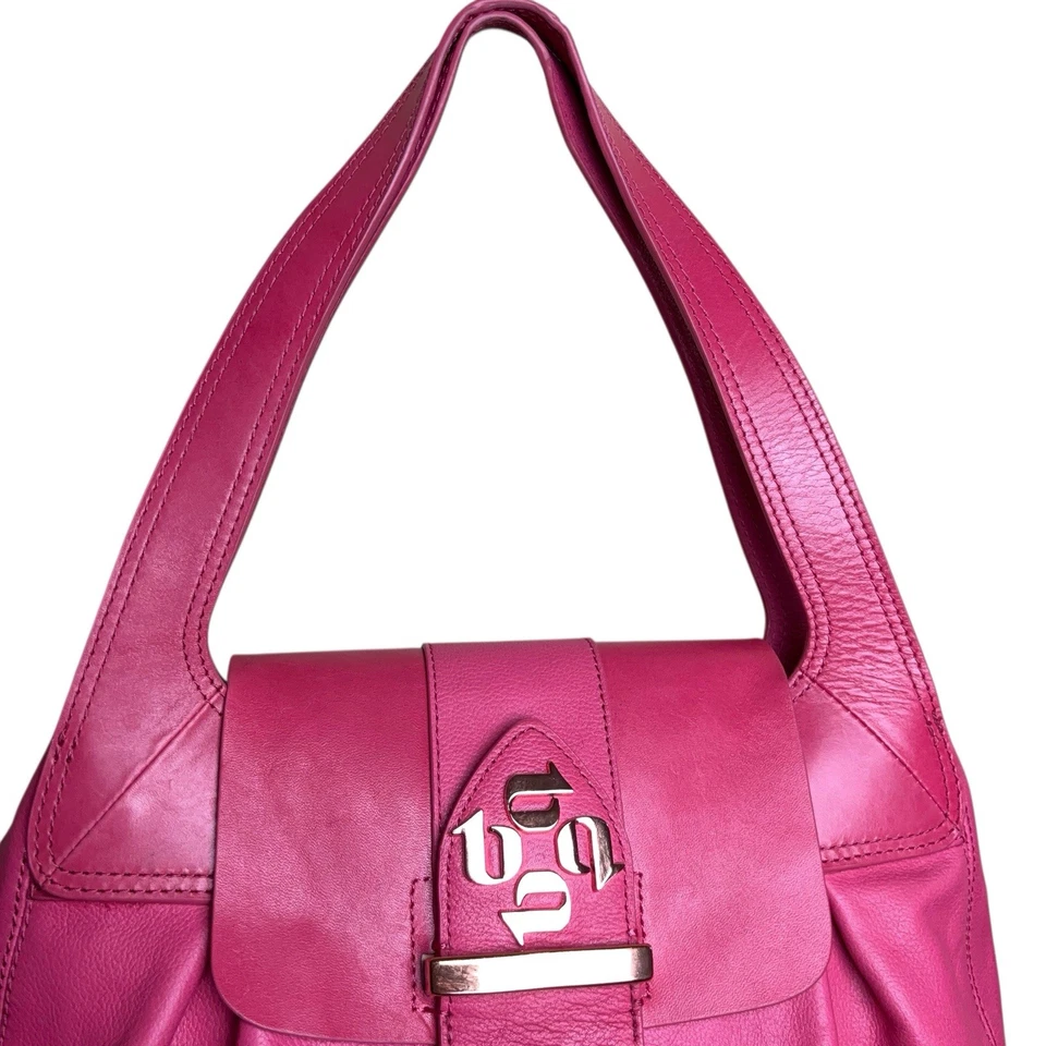 TED BAKER London Hot Pink Leather Satchel Satchel Tote Bag Gold Logo Large - Image 4 of 4