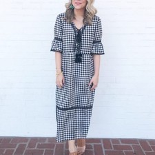 Gingham Cotton Bell Sleeve Midi Dress Checkered Crochet Trim S cottage prairie