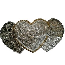 Vintage Crumrine Silver Gold Heart Floral Western Belt Buckle Heavy Silver Plate