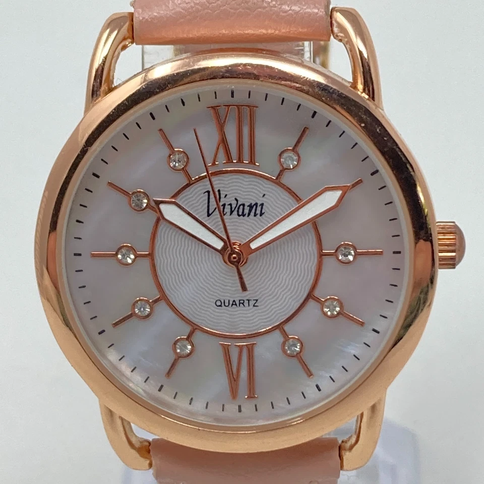 Vivani Watch Women 34mm Rose Gold Tone MOP Dial Bling Pink Band New Battery 8.5" - Image 2 of 4