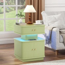 LED End Table with Charging Station for Bedroom Green | Mid-Century Bedside Tabl