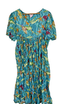 Sita Cotton Dress Caftan Mumu Colorful Fish Starfish  Boho Cottage Vintage Sz M