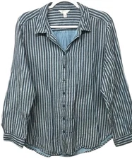 Time and Tru Women's Blue Cove/ Sky Stripe Cotton XXL Button Up Top