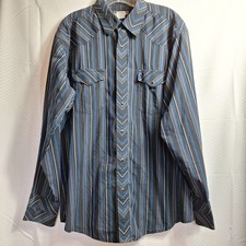 Vtg WRANGLER Authentic Western Pearl Snap Shirt Sz L Blue Black 90s Cowboy EUC 