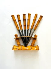 Vintage Small bamboo 6 knife appetizer set size Mid Century