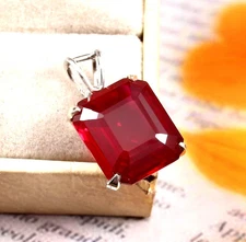 30ct Women's Large Emerald Cut Ruby Pendant in Silver