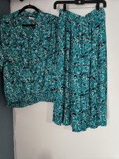Vtg KORET" Two Piece Turquoise Black Floral Pleated Skirt Set Size 14