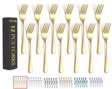 12 Pieces Gold Salad Forks Set, Stainless Steel Flatware Utensils, Home & Kit...