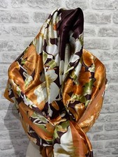Afibel satin vintage scarf rust brown orange floral accent square S1037