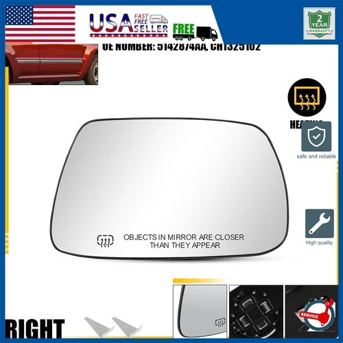 Mirror Glass For 2005-2010 Jeep Grand Cherokee Right Heated Convex Backing Plate