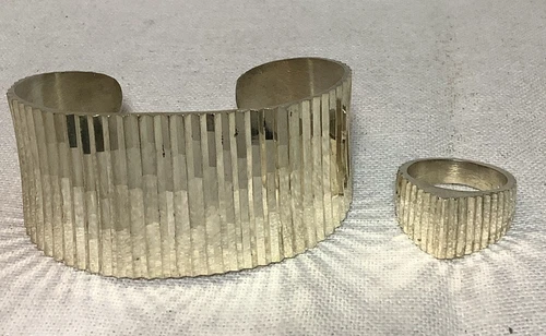 MT538 Vintage Solid 925 Sterling Taxco Textured Cuff Bracelet & Ring