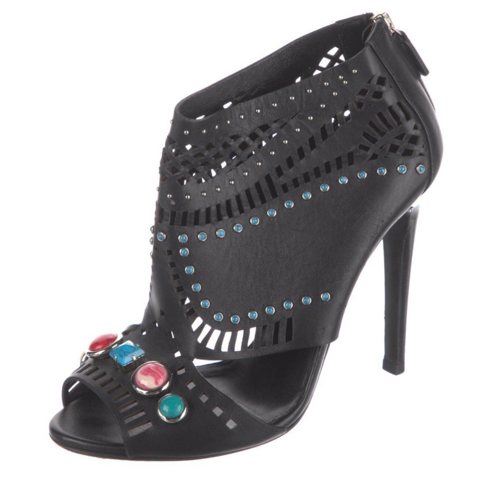 GUCCI LIKA LASER CUT LEATHER STONE STUD EMBELLISHED LOGO ANKLE BOOT SIZE EU 38