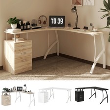 Corner Computer Desk with Storage L-Shaped Desks Side Cabinet Drawer Home Office