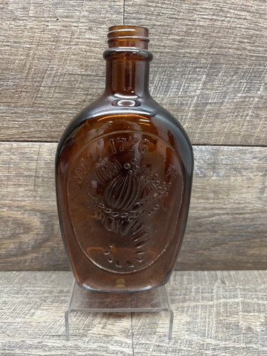 Vintage Log Cabin Syrup Flask Amber Glass Bottle Cornucopia 1776