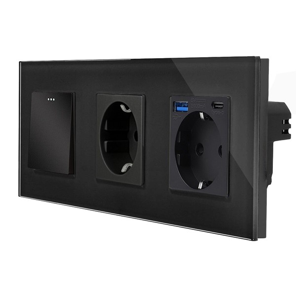 Wipp Lichtschalter Steckdose Schuko Usb Ladebuchse A/C Glasrahmen Up LUXUS-TIME-image