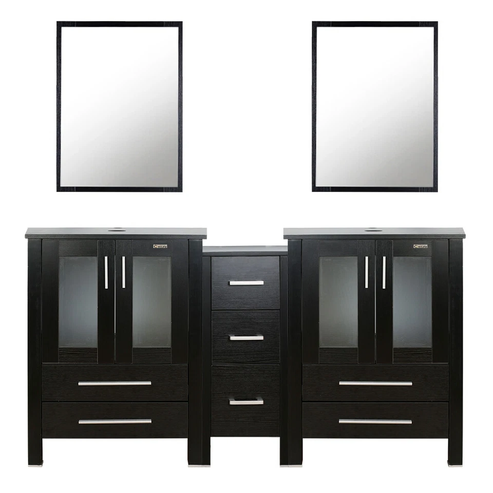 Mueble pequeño tocador de baño negro 72" vidrio templado lavabo sin espejo Foto 2 de 4