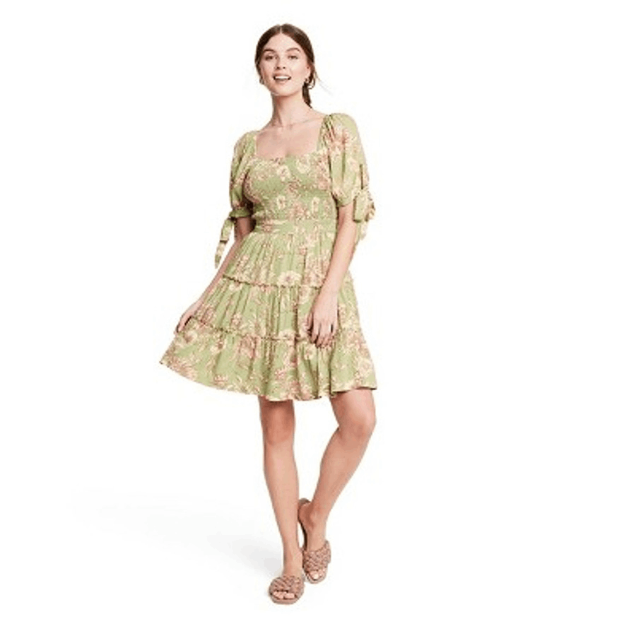 floral dress with sleeves olive green Olive Green Floral Wedding Dress with Train – FD6142 – Viniodress