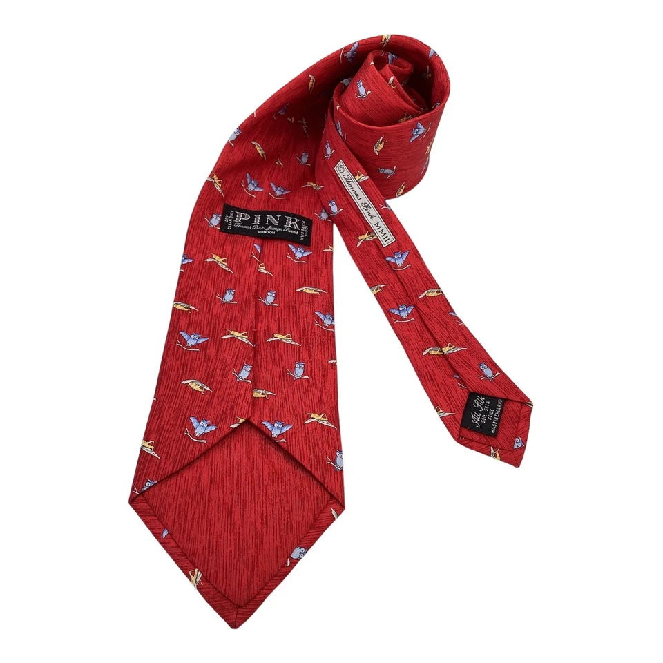 Corbata de seda de diseñador de lujo con estampado de búho rojo y langosta THOMAS PINK con: 3,75" EXCELENTE ESTADO Foto 2 de 4