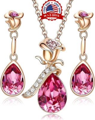 Juego De Collar Y Aretes Joyeria Regalo Para Esposa Mi Novia Mujer Rosa  Gift NEW