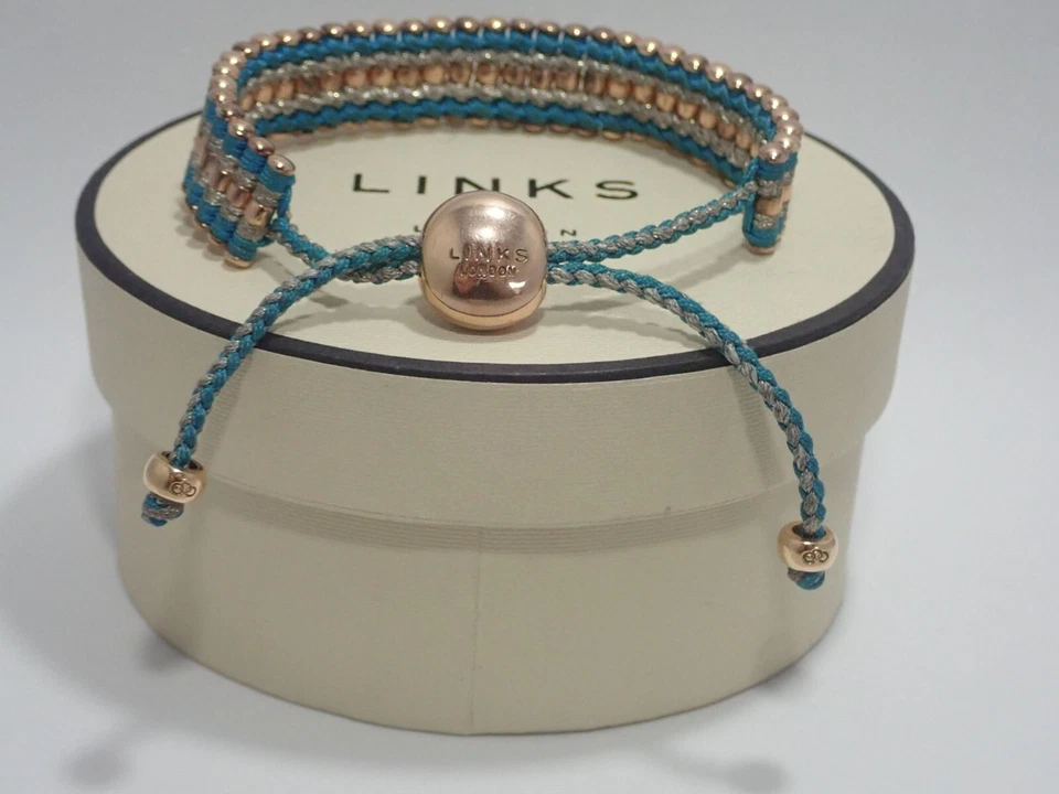LINKS OF LONDON 35 BAR 14K ROSE GOLD FRIENDSHIP BRACELET w/ ADJ. CORD & BOX - Image 3 of 4