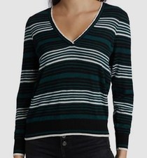 295 Veronica Beard Women's Green Striped V-Neck Merino Wool Sweater Size M