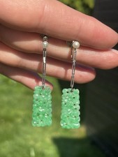 18ct Gold Art Deco Nephrite Jade & Pearl Antique Drop Dangley Earrings 5.1 Grams