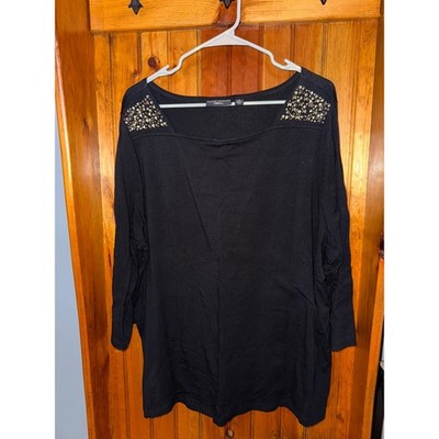 Susan Graver Artisan 2X Top Embellished Studded Black 3/4 Sleeve
