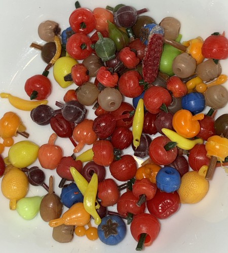 Vintage Plastic Fruit Charms Beads MCM Cherry Banana Lemon Strawberry Apple