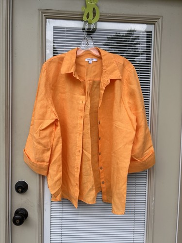 Orange 100% Linen 3/4 Sleeve Button Up Shirt Chicos Sz 2.5 U.S 14