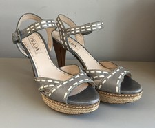 Prada Leather Heels Shoes Women Size 38.5 EU Grey Ankle Strap Espadrille Wood