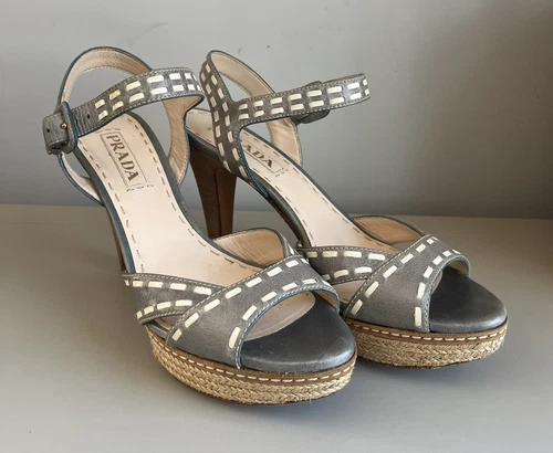 Chaussures à talons Prada cuir femme pointure 38,5 EU gris bride cheville espadrille bois