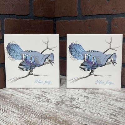 2 Vintage Screencraft Tile 6  Trivet Wall Hangings Lot ~Blue Jay Birds R. Brooks