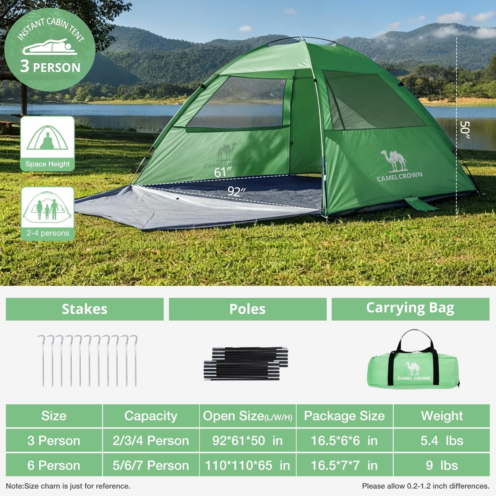 CAMEL CROWN 3/6 Person Camping Tent, Waterproof Windproof Easy Setup, Silver-...