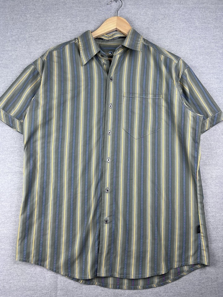 Vintage KÜHL Shirt Mens Medium Gray Short Sleeve Button-Up Hiking Outdoor Pockets Eluxor Polyester Performance Shirt
