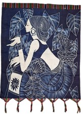 Batik Folk Art Tapestry Indigo Wall Art HandDyed Cotton Tassel Bead Trim 26"&times;36"