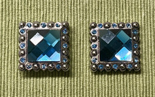 Pair WESTERN SCREW BACK CONCHOS Blue Iridescent Crystal Nickel Square Decorative