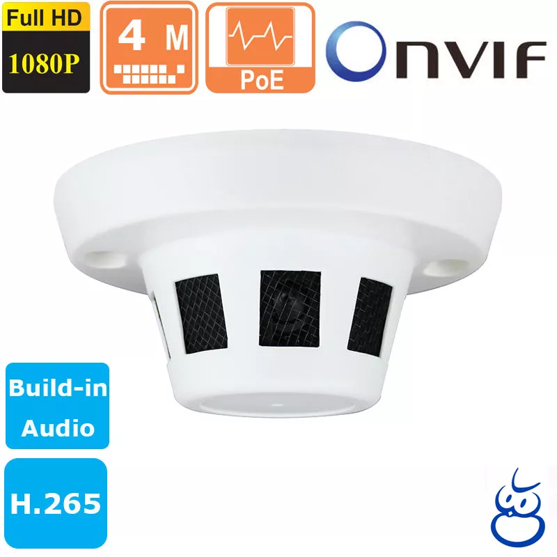 4 MP HD POE Smoke Detector style Hidden IP Camera Onvif 2.4 1080p H.265 W Audio