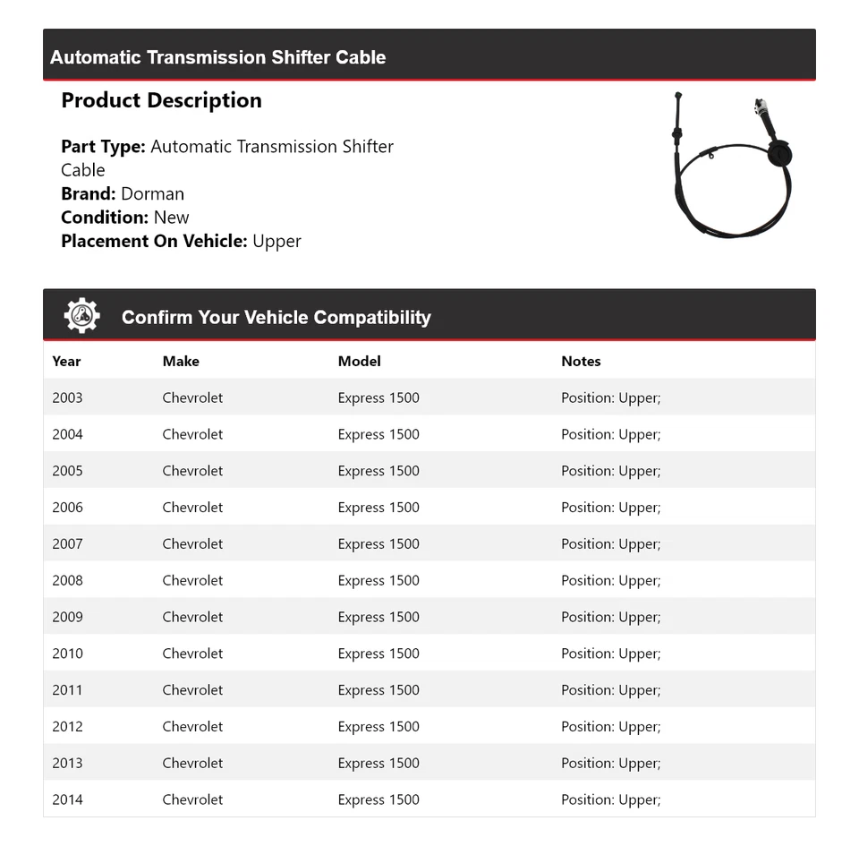 Cable de palanca de cambios superior 2004 2005 para Chevrolet Express 1500 Dorman AT 2003-2014 Foto 2 de 4