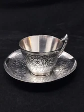 James W Tufts Silver Plated Cup & Saucer 1372 w/ Floral Decoration