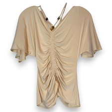 ALC Top Small Ruched Beaded Strap Cream Ivory Retro Short Sleeve