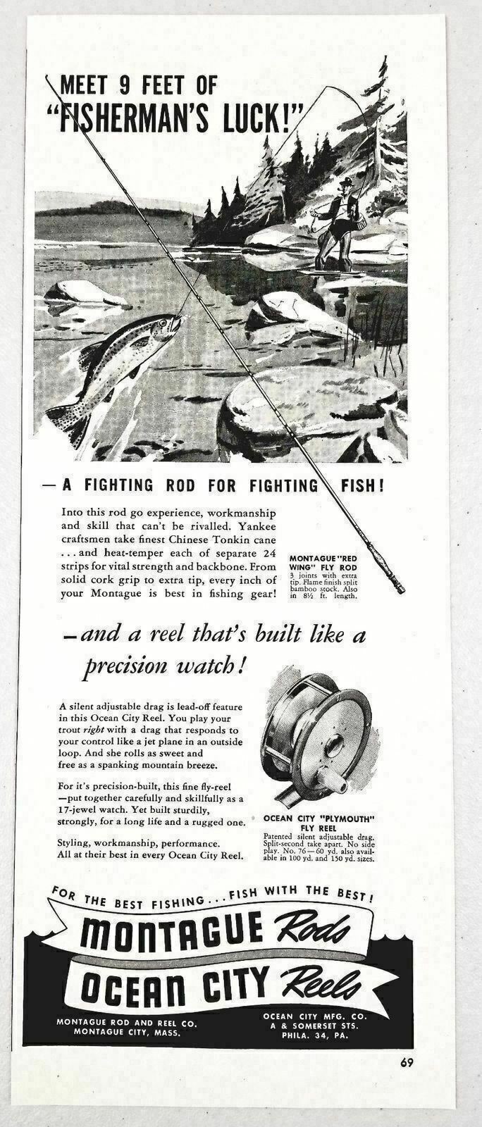 1947 Print Ad Ocean City Plymouth Fly Fishing Reels Montague Rods