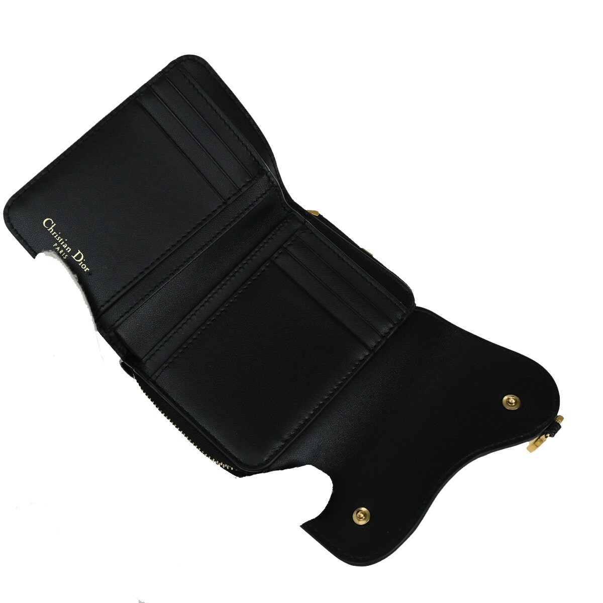 CHRISTIAN DIOR Logo Saddle Trifold Wallet Purse Leather Black GHW