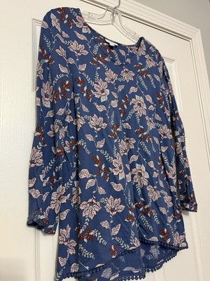 J.Jill V-Neck Hi-Lo Trapeze Top T-Shirt Tee Blue w/Pink Gray Maroon Floral Sz XS
