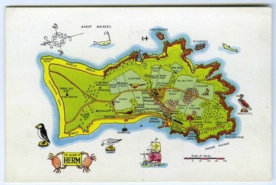 Herm Island Postkarte - illustrierte Karte - Cloture, Moulinet, Panto Valley, etc.