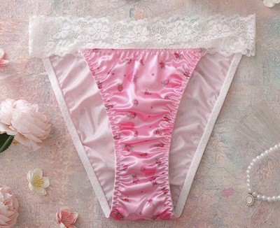 Glossy Pink Floral 2nd Skin Satin Lace Waistband Hi-Cut Rio Panties L NEW